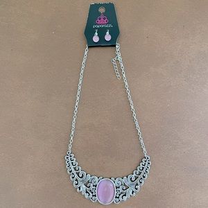Paparazzi statement necklace and drop earrings set in silver tone pink stone NWT